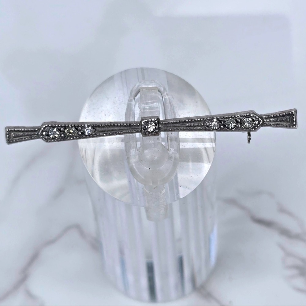 Vintage Sterling Silver Art Deco Bar Brooch Crystal Milgrain Pin 2.7 grams